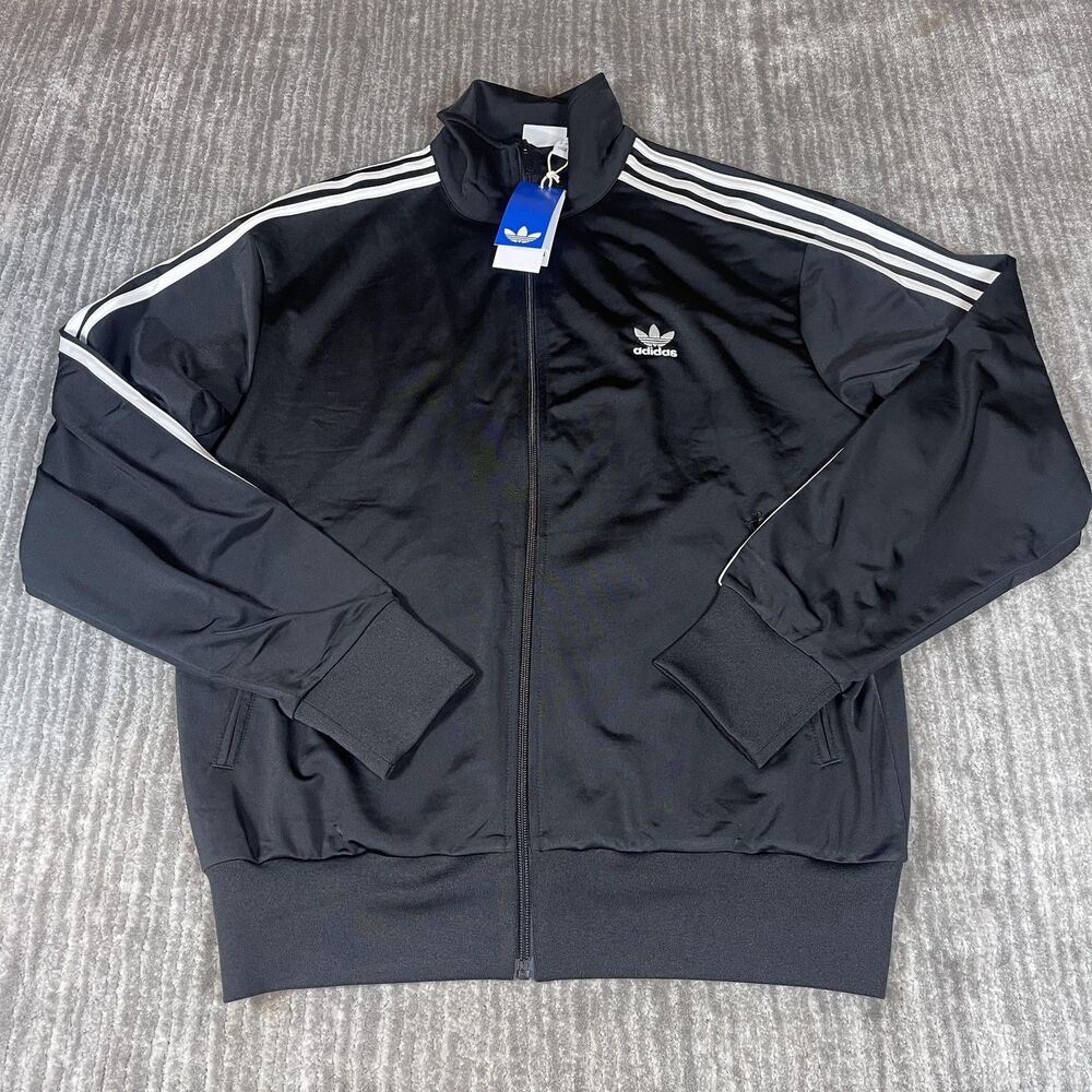 Adidas Track Jacket Mens Large Black White Full Zip Firebird 3 Stripe Originals